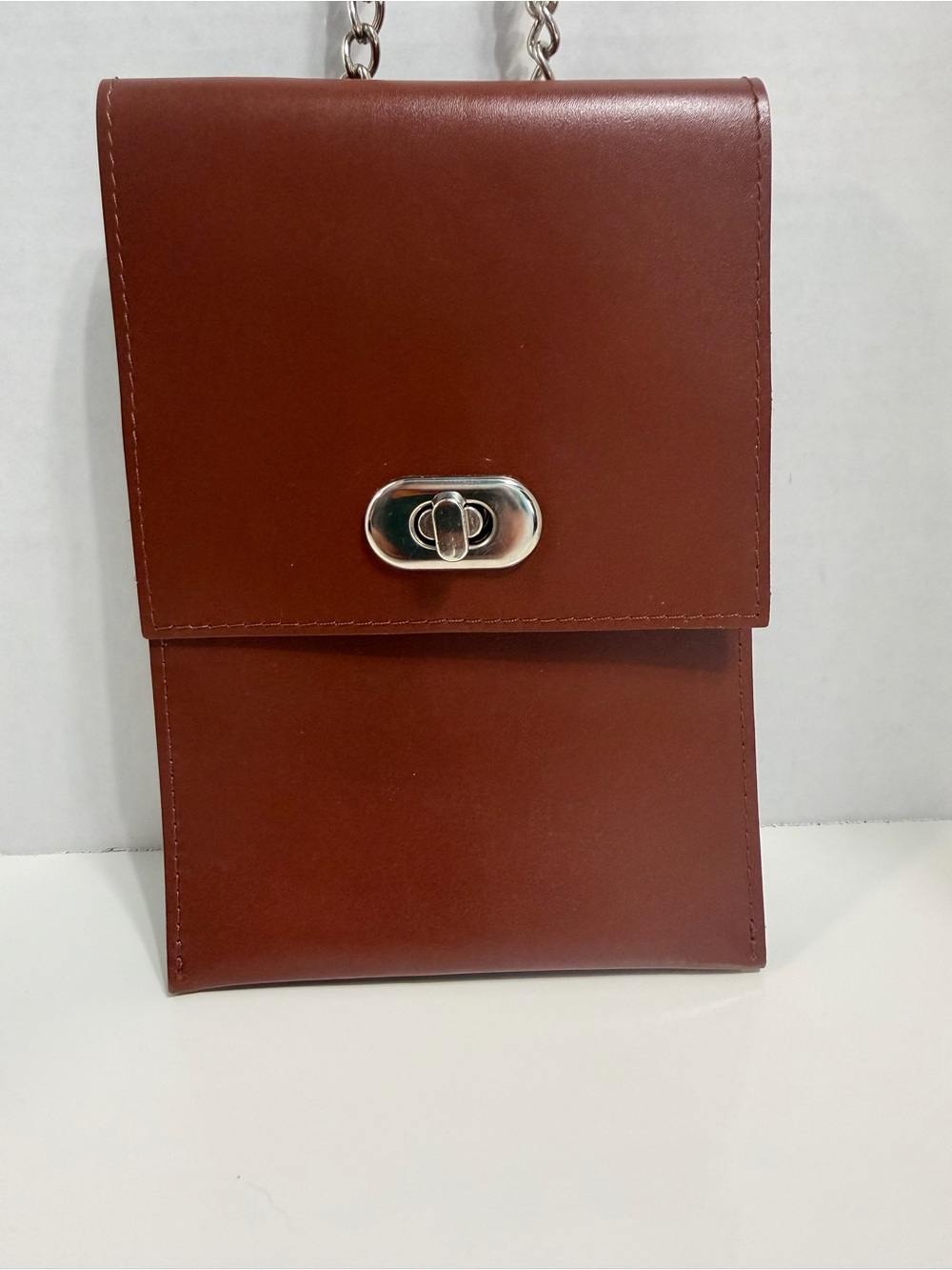 Federica Brown Leather Crossbody Phone Bag - Minimal Chain Strap